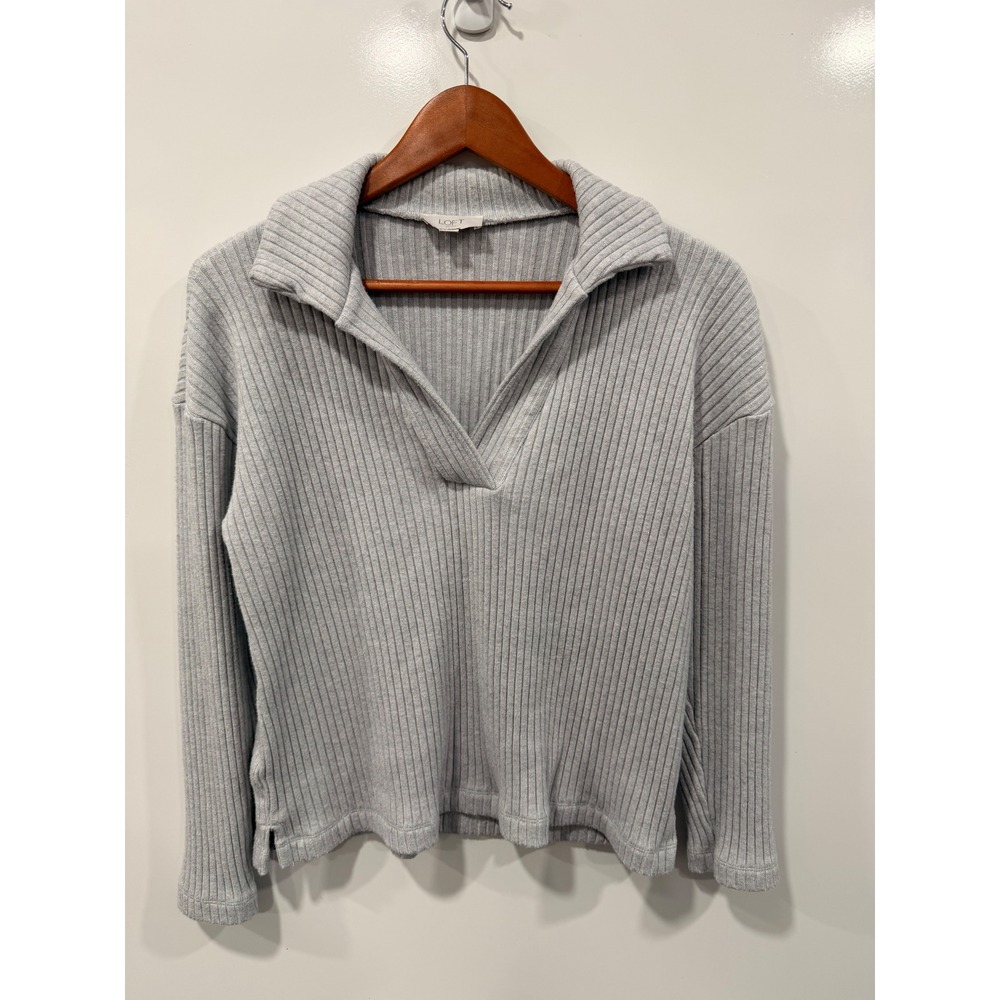 Loft Outlet Light Gray Ribbed V-Neck Collar‎ Pullover Sweater Womens Medium